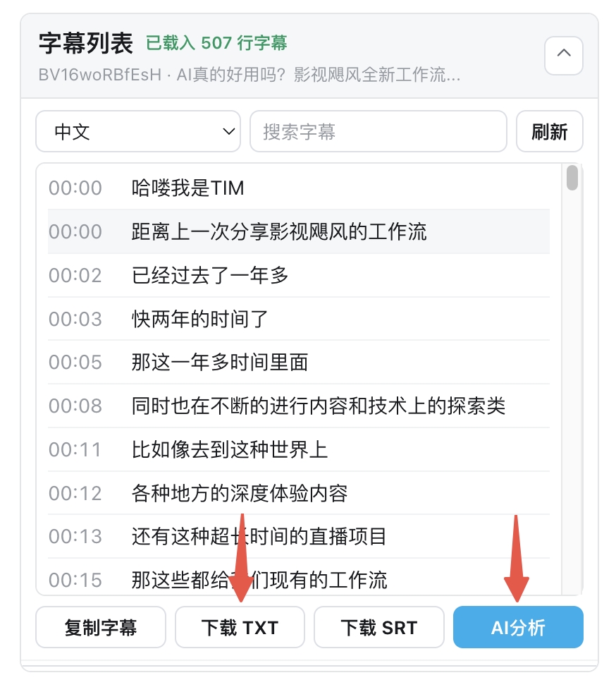 B 站视频页中的字幕助手面板